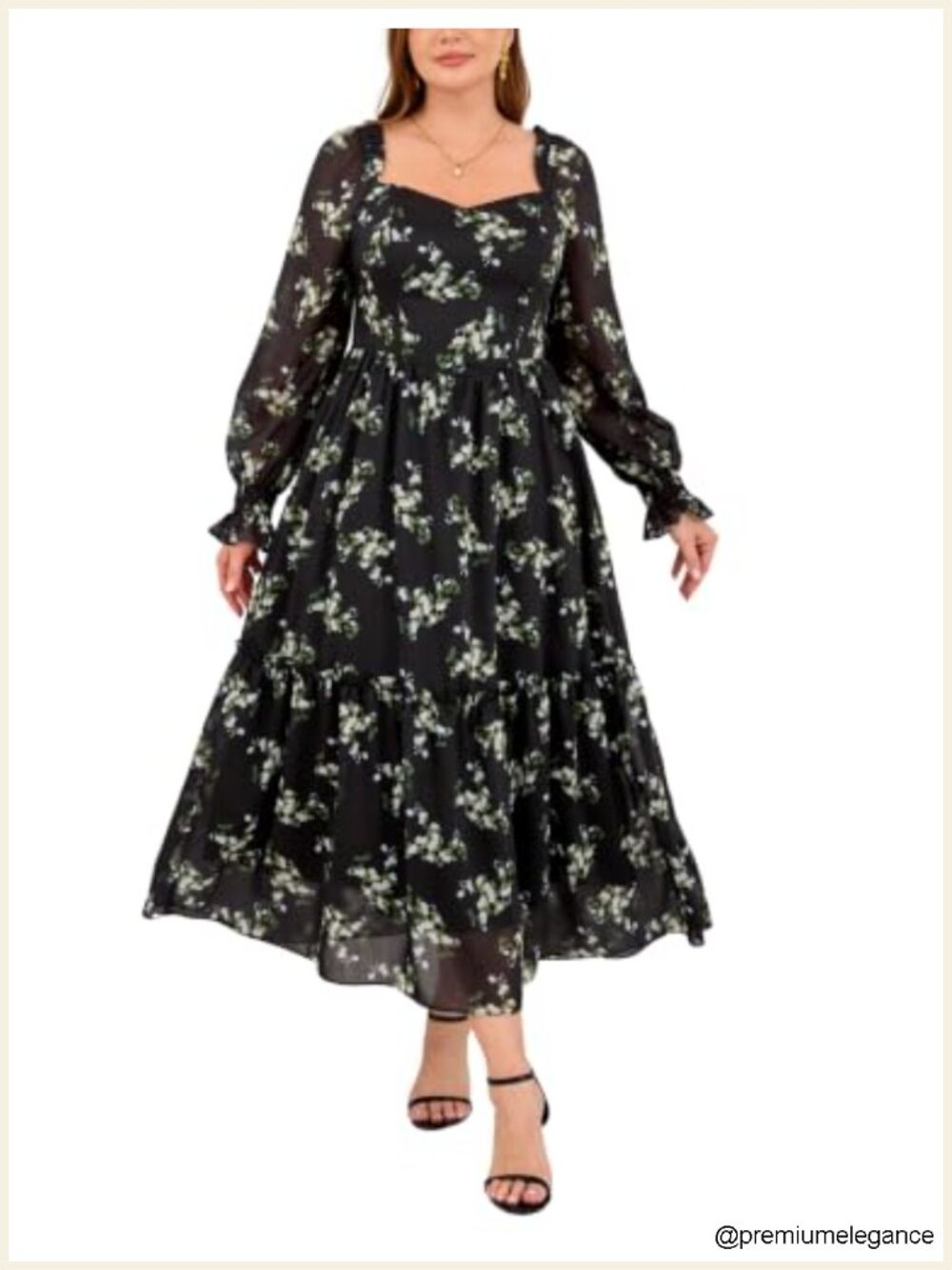 Plus Size Chiffon A-Line Midi Dress Long Sleeve Sweetheart Neck Wedding Guest